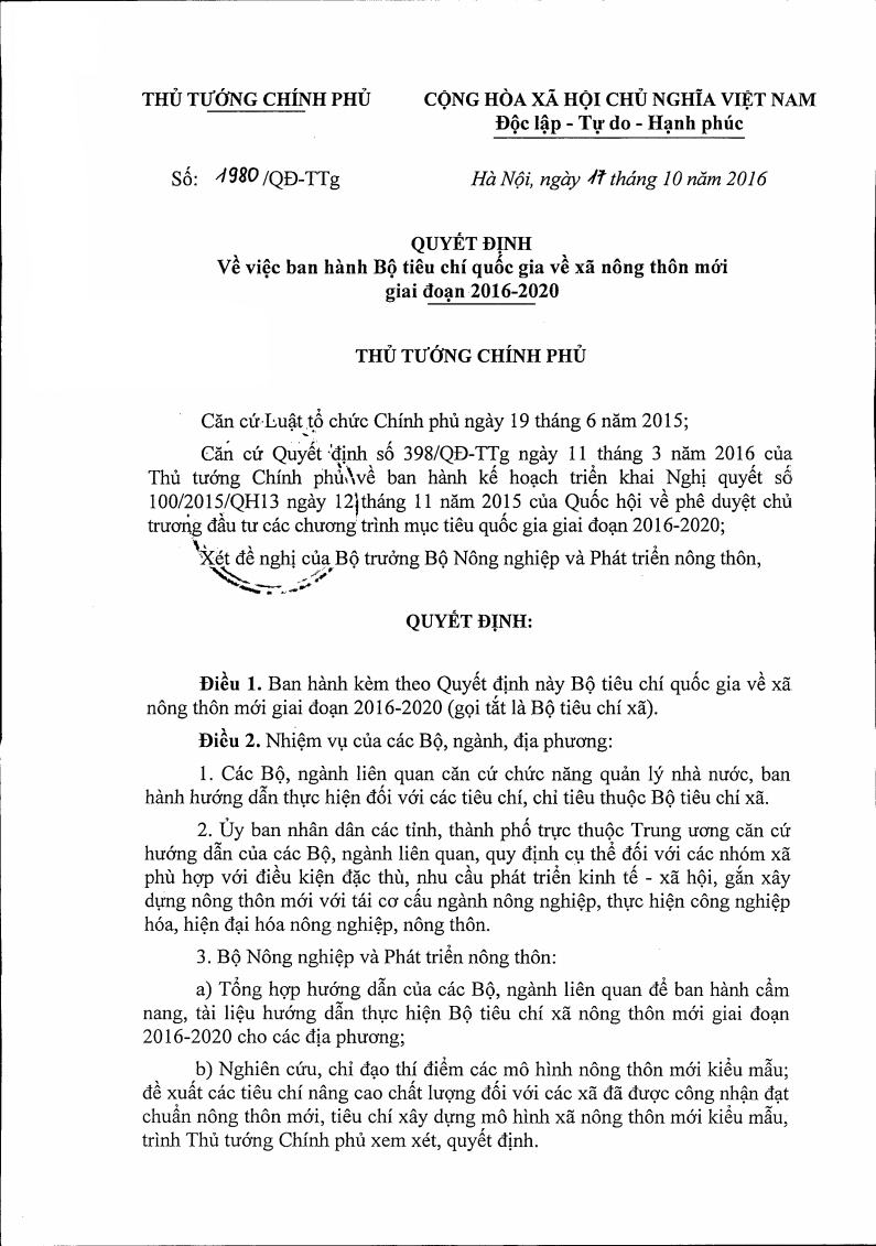 Quyết định số 1980/QĐ-TTg Về việc ban hành bộ tiêu chí F1688 link không chặn về xã nông thôn mới giai đoạn 2016-2020