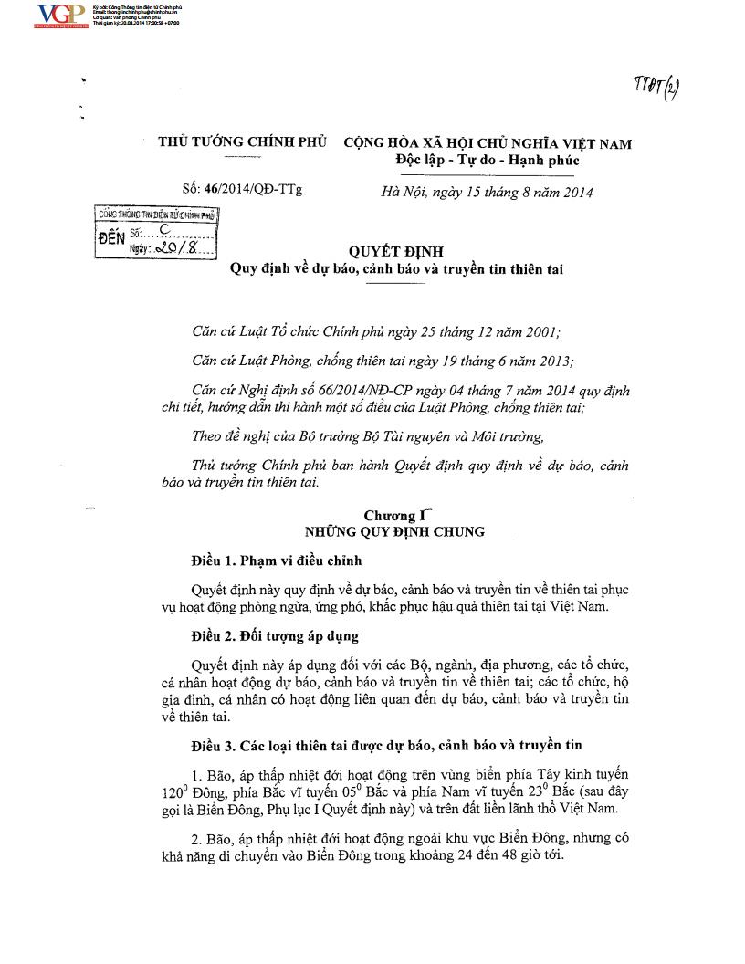Quyết định số 46/2014/QĐ-TTg ngày 15/8/2014 về Quy định về dự báo, cảnh báo và truyền tin F16878.vip cá cược thể thao, casino, slot game, bắn cá