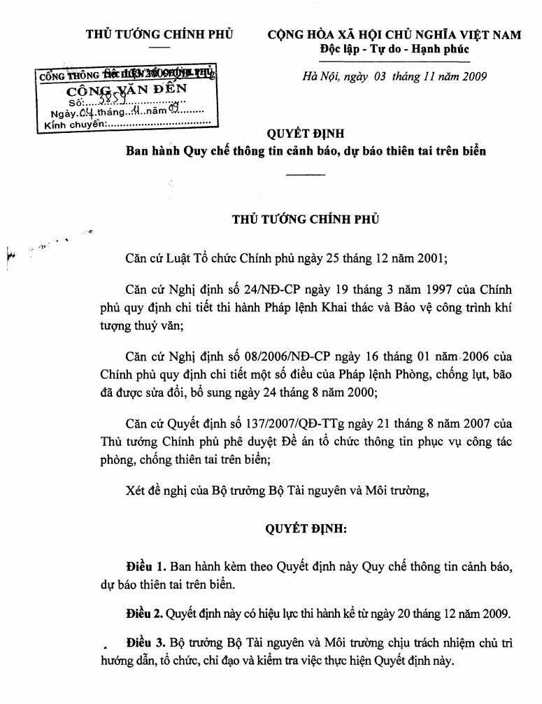 Quyết định số 133/QĐ-TTg ngày 3/11/2009 về Ban hành Quy chế thông tin cảnh báo, dự báo F16878.vip cá cược thể thao, casino, slot game, bắn cá trên biển