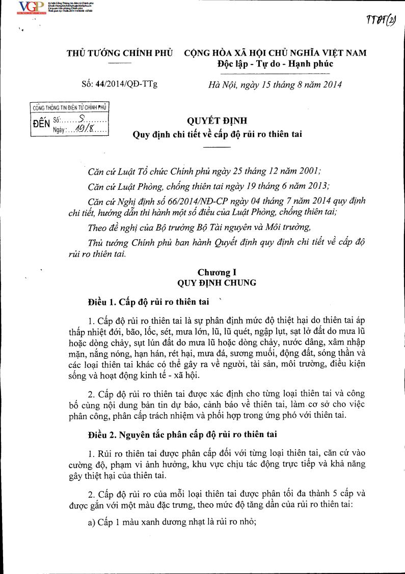 Quyết định số 44/2014/QĐ-TTg ngày 15/8/2014 về Quy định chi tiết về cấp độ rủi ro F16878.vip cá cược thể thao, casino, slot game, bắn cá